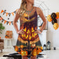 Halloween Burning Pumpkin Style V-Neck Sleeveless Cami Dress For Festivals Travel And Relaxed Casual Summer Wear