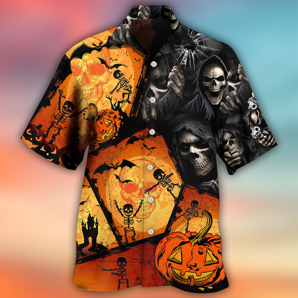 Spooky Skull Halloween Pumpkin Hawaiian Shirt For Coastal Adventures And Warm Weather Wear