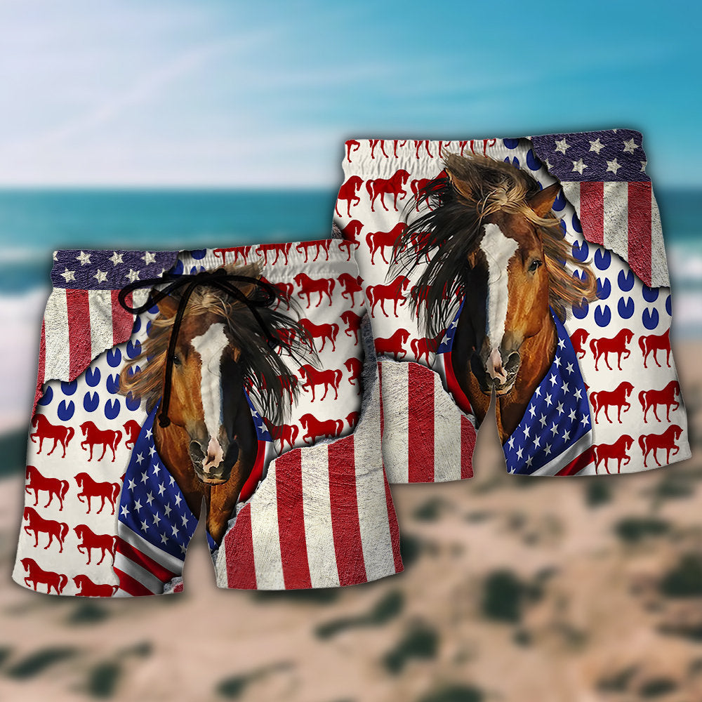 Patriotic Horse USA Flag Tribute Beach Shorts Pattern Detail For Relaxed Warm Weather Outfits