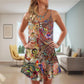 Colorful Cat Art Lover V-Neck Sleeveless Cami Dress For Vacations And Casual Warm Weather Wear