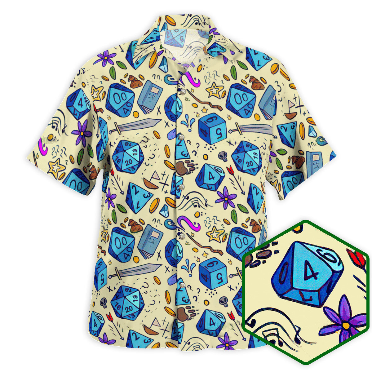 Fantasy Vintage Role Dice Sword Hawaiian Shirt All Over Print Detail For Resort Wear
