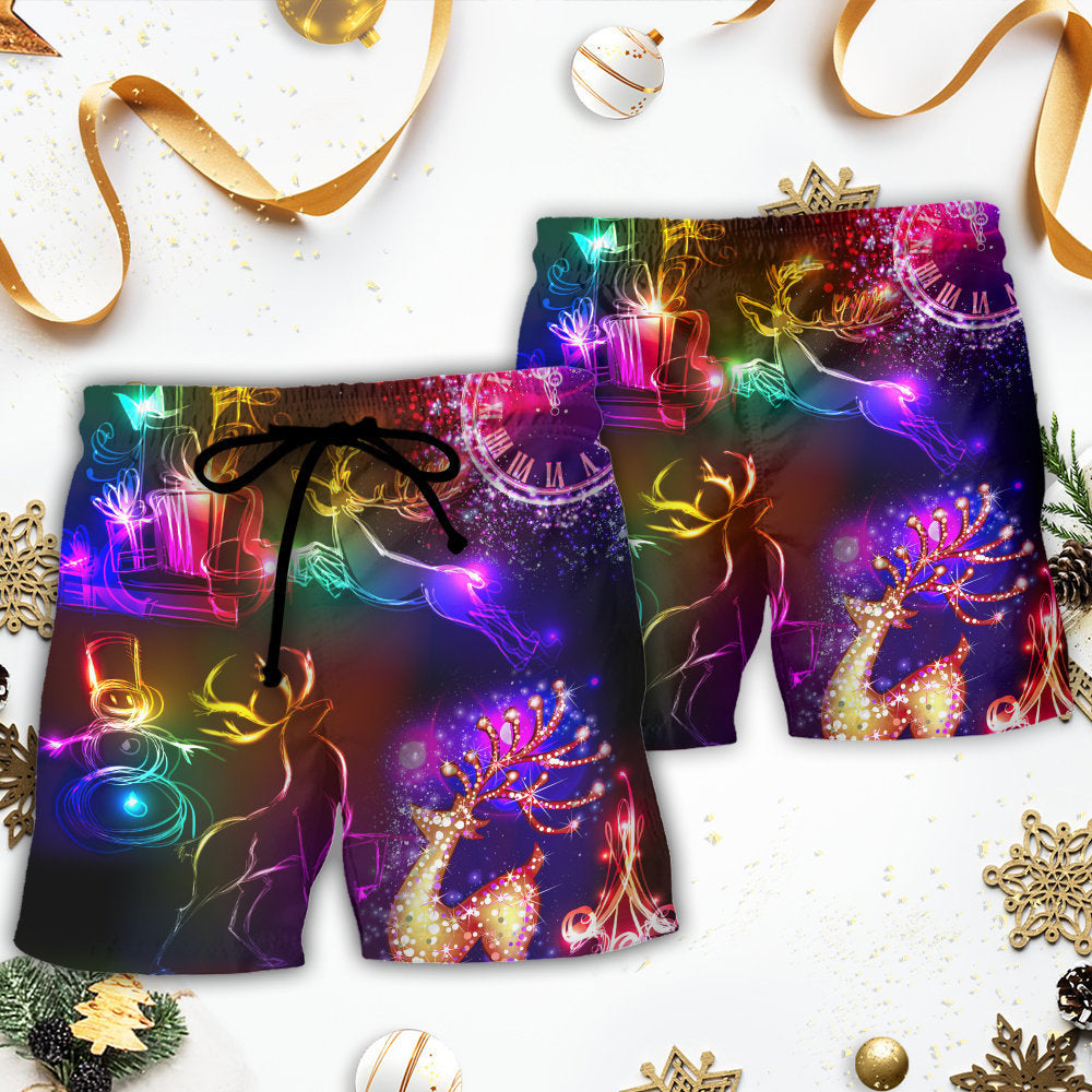 Christmas Reindeer Neon Bright Lights Beach Shorts For Holiday Beach Days