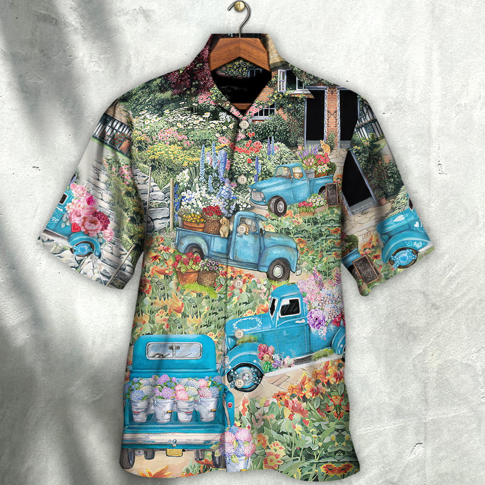 Floral Truck Delivery Hawaiian Shirt Button Front Artwork For Beach Days
