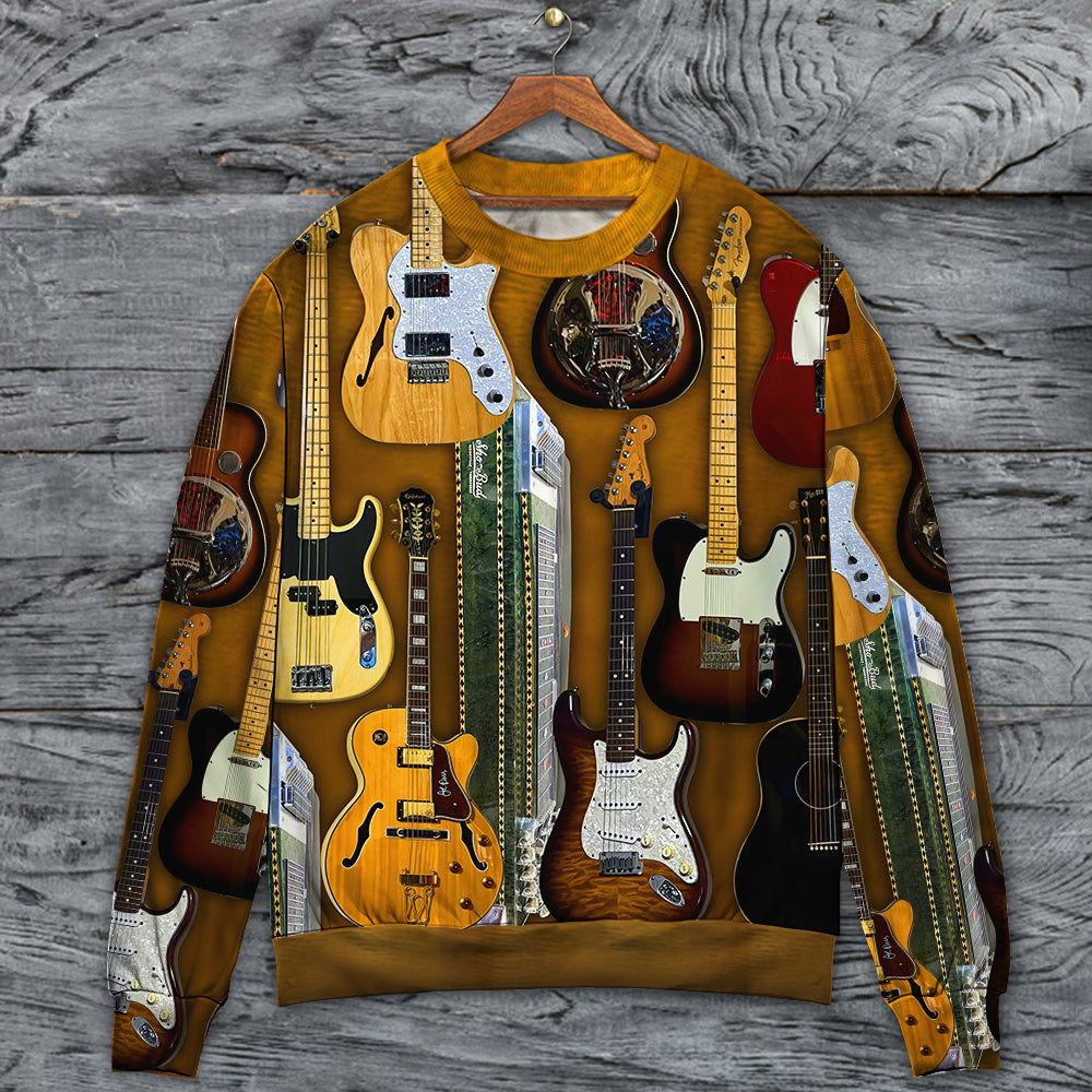 Vintage Guitar Sweater For Rehearsals Weekend Outings And Expressive Casual Styling