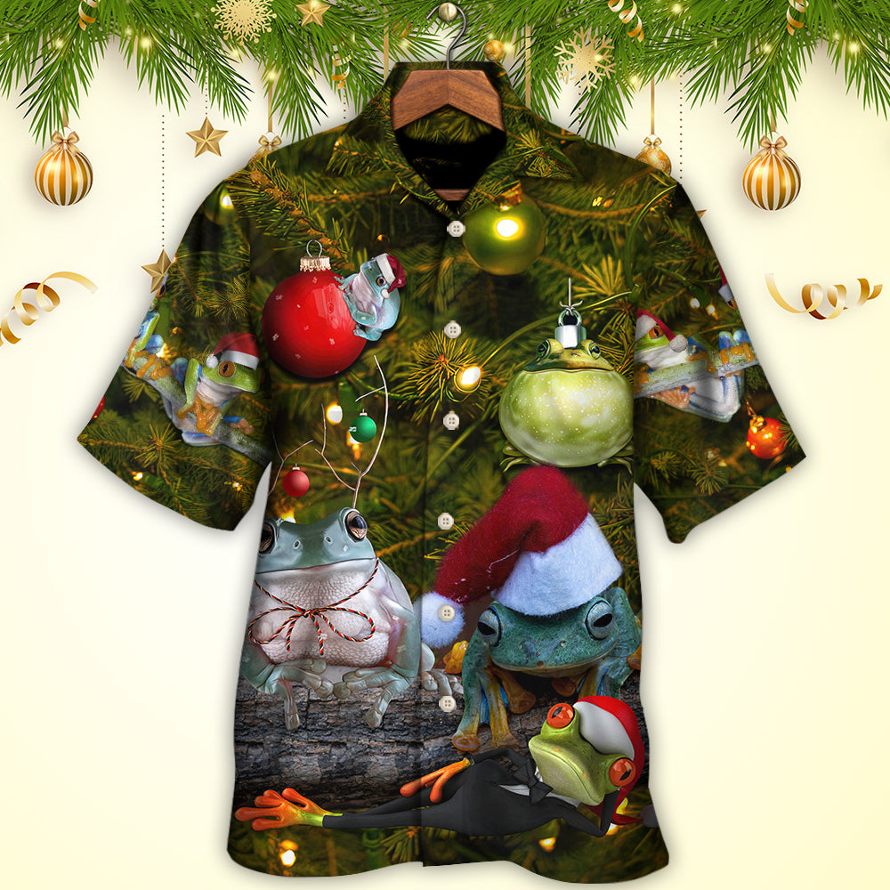 Festive Christmas Frog Hawaiian Shirt Button Front Artwork For Summer Travel