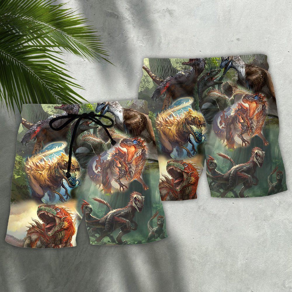 Dinosaur Roaring In Jungle Beach Shorts Print Detail For Thoughtful Gift Giving