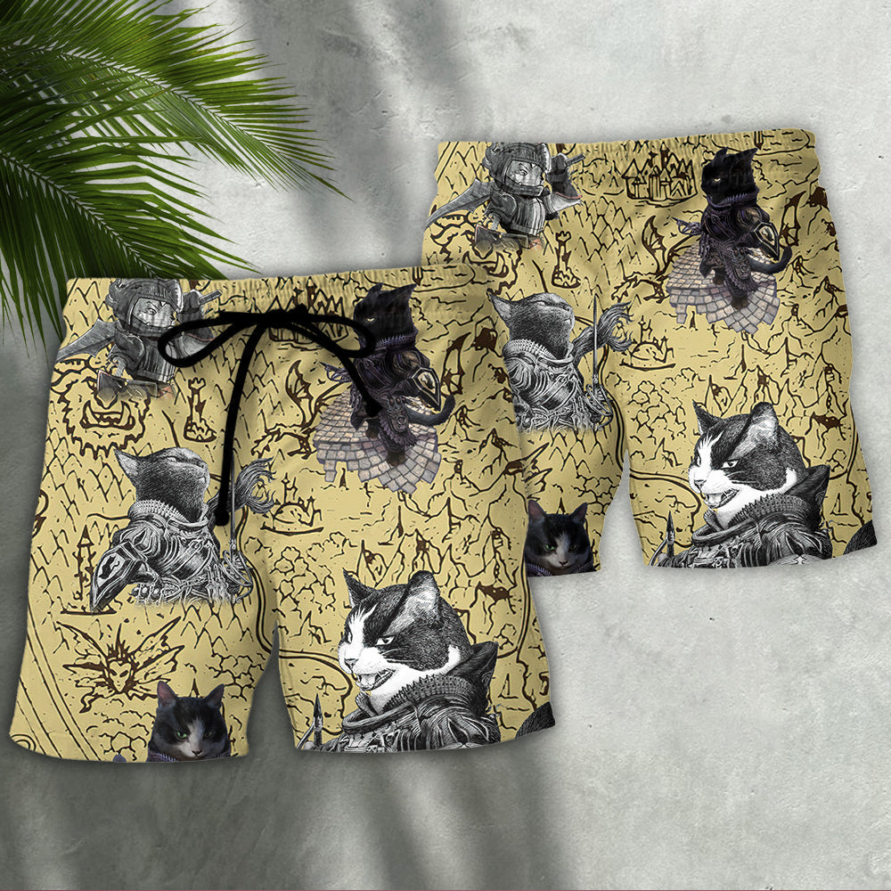 Cat Warrior Beach Shorts Pattern Detail For Seaside Leisure And Relaxed Casual Wear