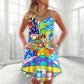 Hippie Frog Mushroom Colorful Peace V-Neck Sleeveless Cami Dress For Vacations And Casual Warm Weather Wear