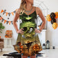 Halloween Crazy Pumpkin Ghost V-Neck Sleeveless Cami Dress For Spooky Season Events And Relaxed Casual Styling
