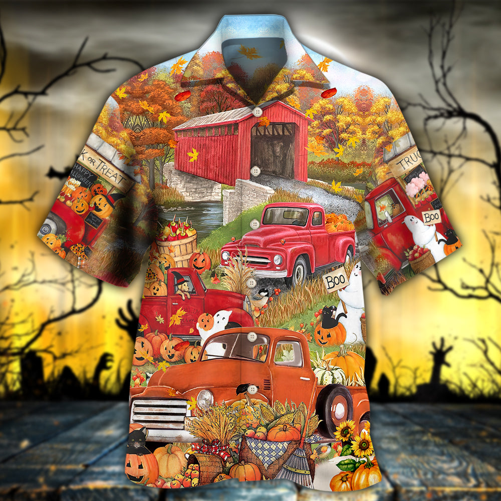 Truck Halloween Pumpkins Hawaiian Shirt Design Detail For Beach Days And Holiday Travel