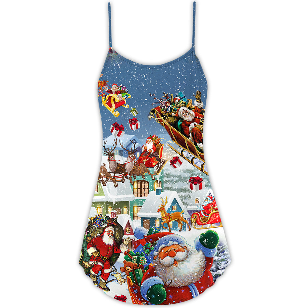 Christmas Say Hi From Santa Sleigh V-Neck Sleeveless Cami Dress For Festive Events And Casual Summer Styling