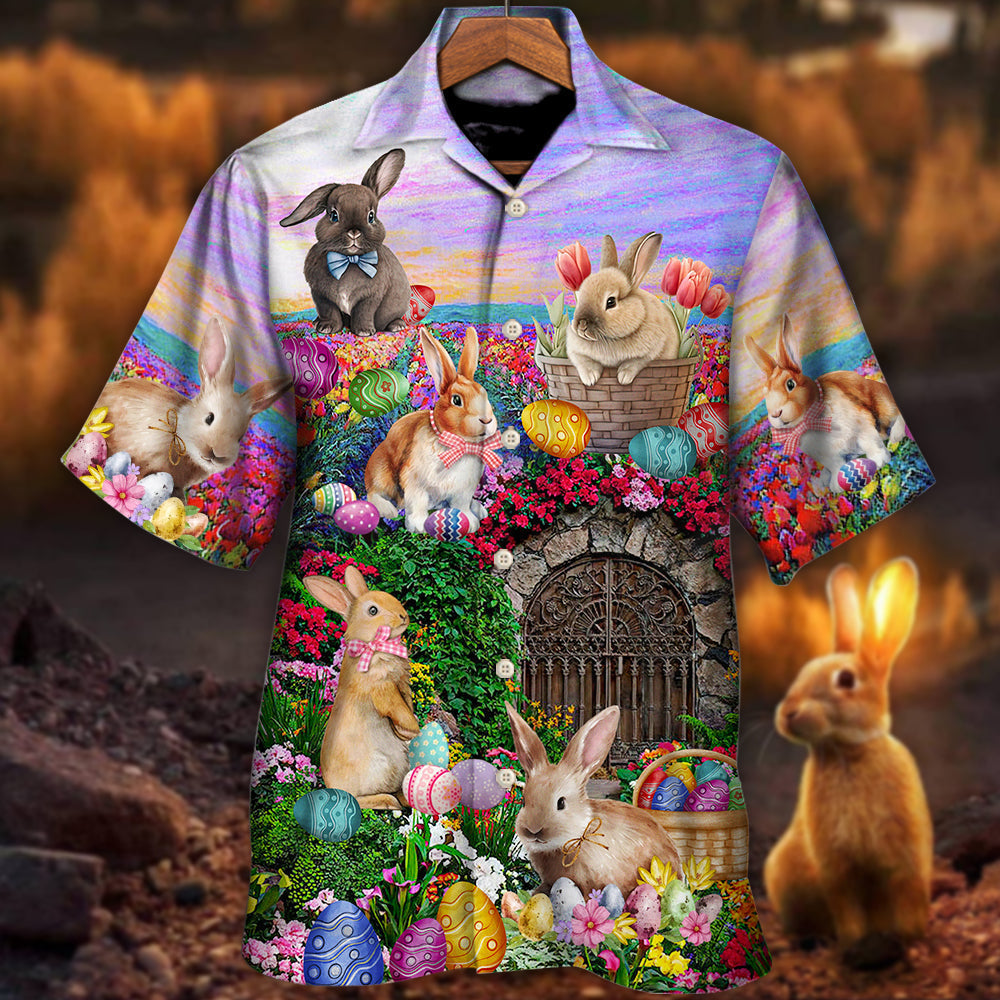 Watercolor Floral Easter Rabbit Relaxed Hawaiian Shirt Fabric Pattern Detail For Casual Outings
