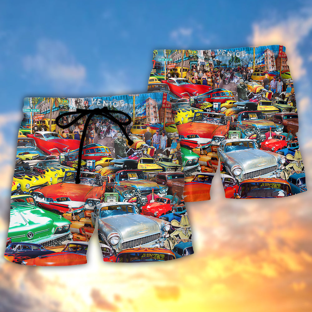 Retro Car Guitar Palm Trees Beach Shorts For Tropical Getaways And Weekend Adventures