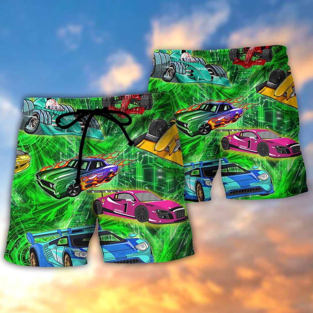 Colorful Green Car Beach Shorts Pattern Detail For Sunny Day Adventures And Easy Warm Weather Wear