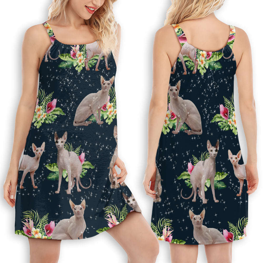 Cat Tropical Floral Sphynx V-Neck Sleeveless Cami Dress For Island Holidays And Thoughtful Gifting