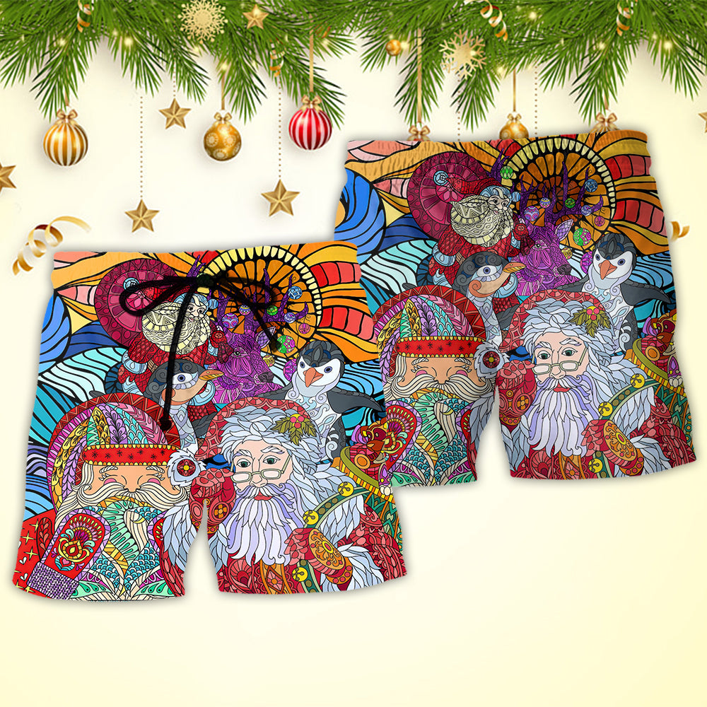 Colorful Santa Geometric Christmas Beach Shorts Print Detail For Festive Outdoor Gatherings