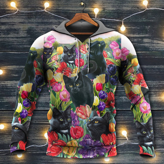 Black Floral Colorful Cat Love Hoodie For Nature Lovers Casual Travel And Comfortable Layering