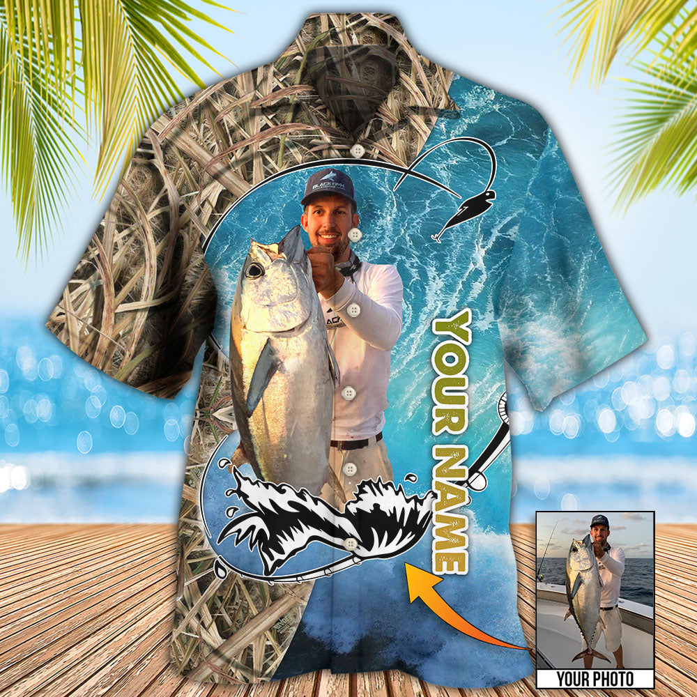 Blue Fishing Water Custom Photo Personalized Hawaiian Shirt Artwork Detail For Tropical Trips And Casual Outings