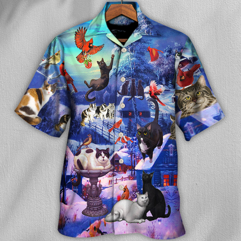 Cats Watching Cardinal Birds Hawaiian Shirt For Summer Vacation Beach Travel And Relaxed Casual Wear
