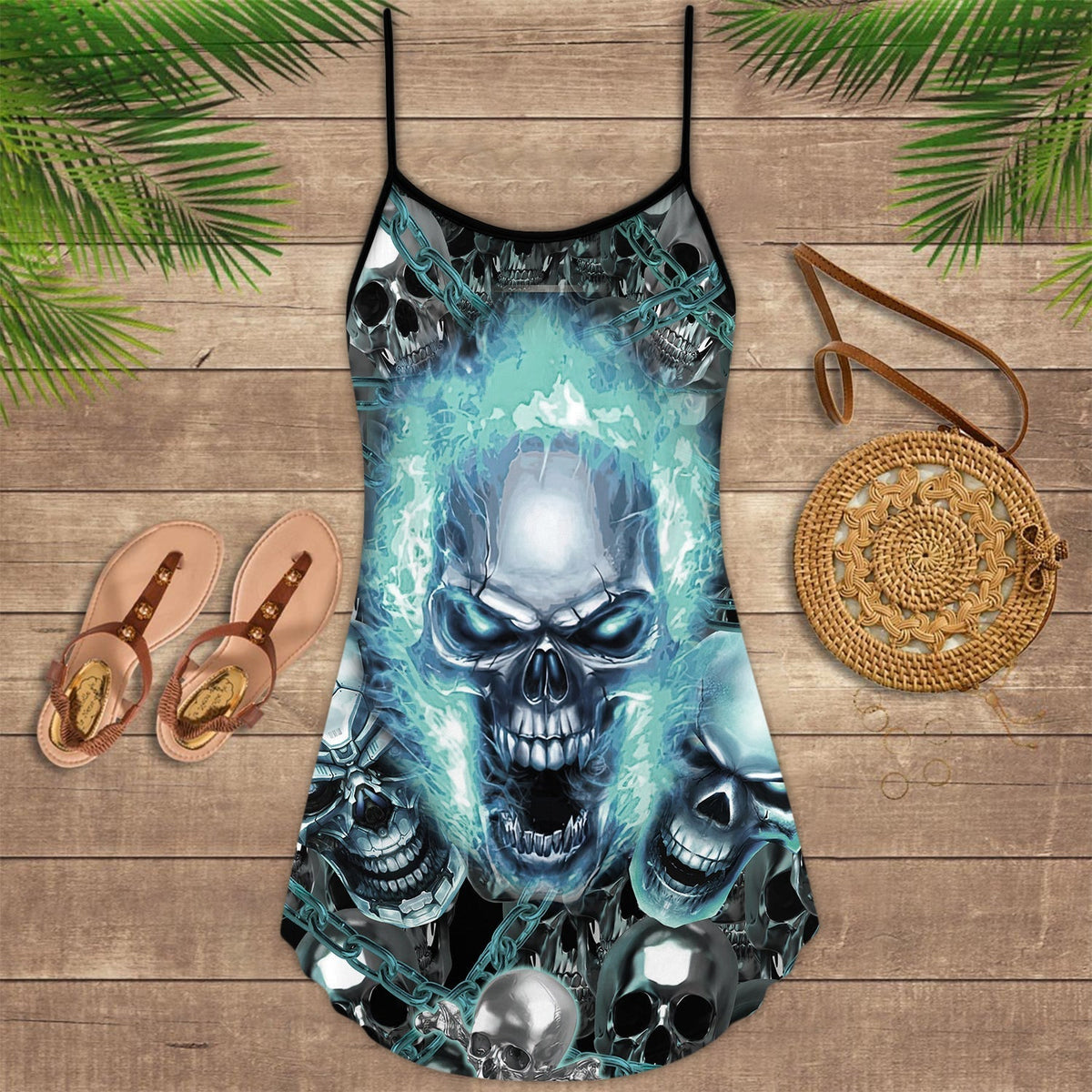 Skull Screaming Blue V-Neck Sleeveless Cami Dress For Dark Art Lovers And Thoughtful Gifting