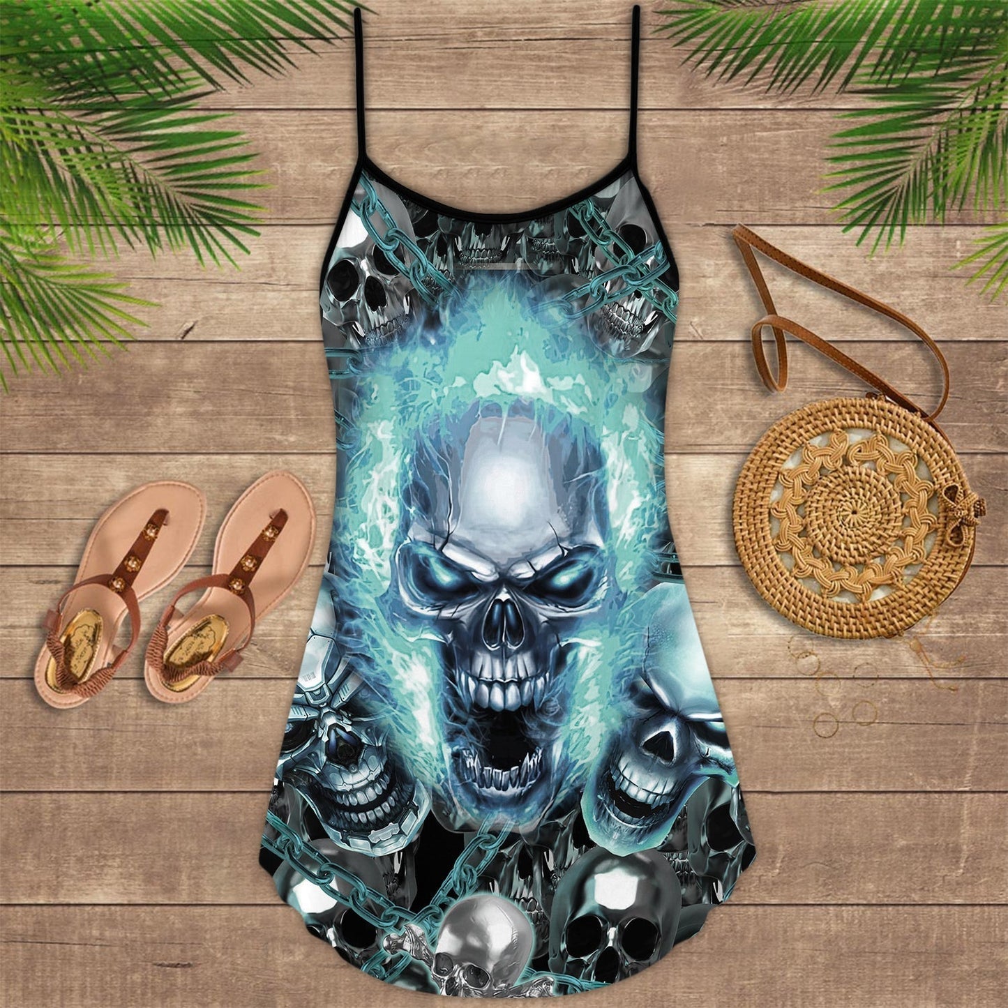 Skull Screaming Blue V-Neck Sleeveless Cami Dress For Dark Art Lovers And Thoughtful Gifting