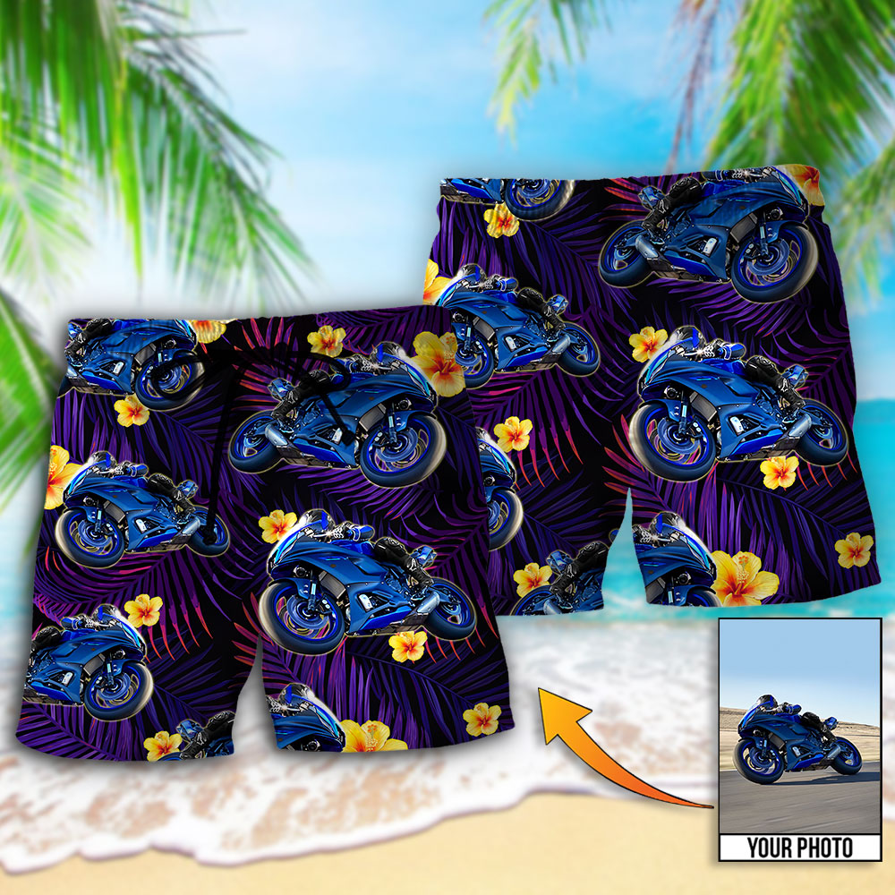 Trooper Motorcycle Tropical Floral Personalized Photo Beach Shorts For Coastal Adventures And Relaxed Summer Wear
