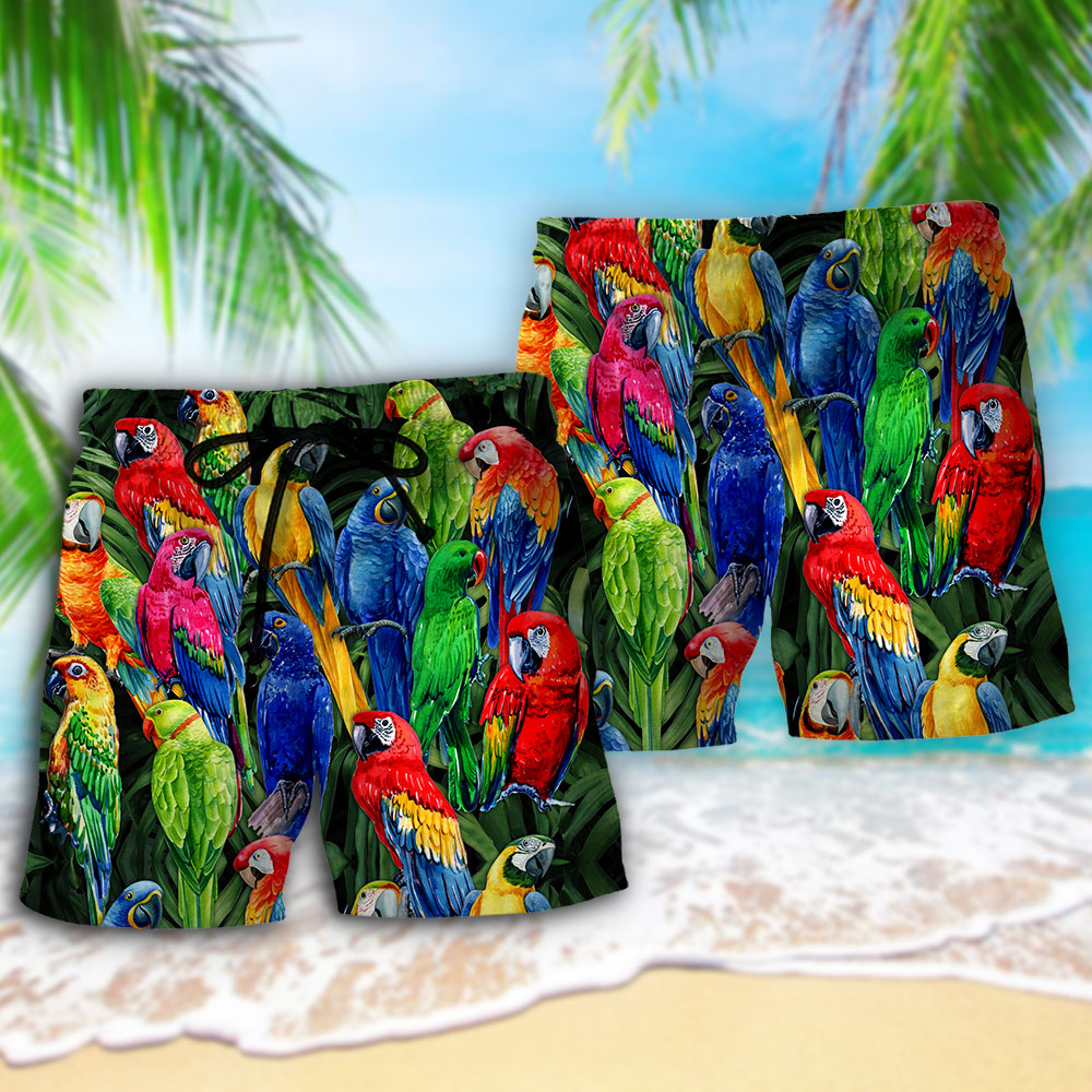 Parrot Tropical Family Beach Shorts Pattern Detail For Coastal Travel And Distinctive Seasonal Style