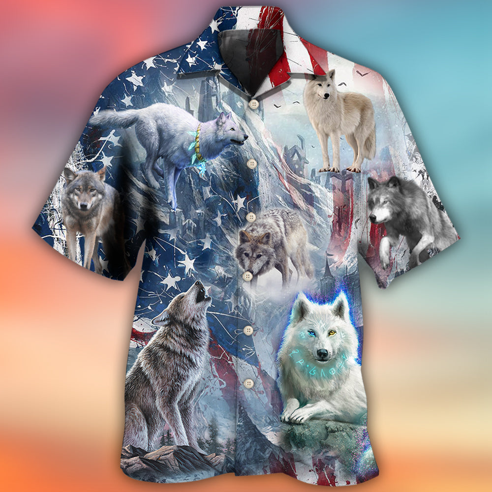 Wolf Independence Day Snow Mountain Hawaiian Shirt Pattern Detail For Summer Holidays And Outdoor Fun