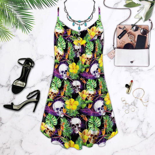 Skull Flowers Summer Tropical Limited 2 – Women's Summer Sleeveless V-Neck Camisole Dress