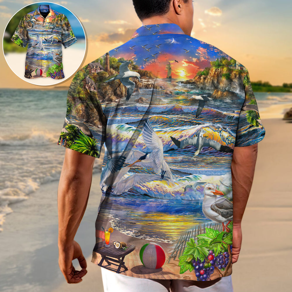 Beach Happier Seagull French Fry Hawaiian Shirt For Island Vacations, Resort Wear, And Relaxed Seasonal Style