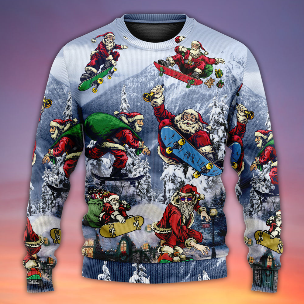 Christmas Santa Skateboarding Snow Mountain Sweater For Festive Events Weekend Outings And Comfortable Winter Style