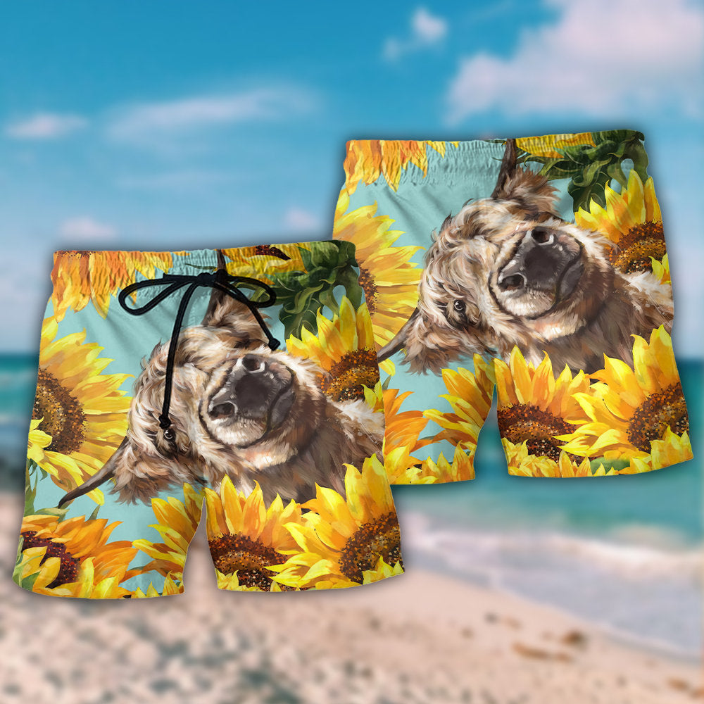 Cow With Sunflower Happy Farm Beach Shorts Print View For Coastal Escapes And Casual Outings