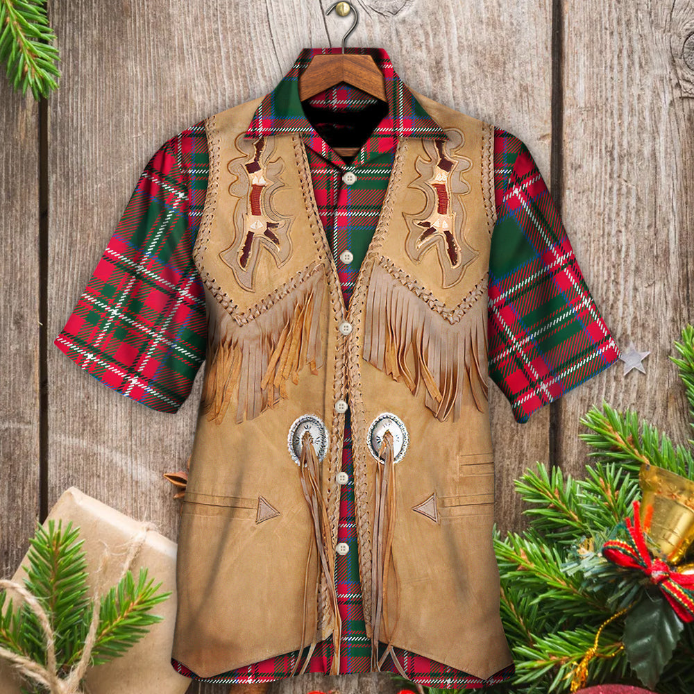 Vintage Western Christmas Santa Jacket Fringe Hawaiian Shirt For Vacation Days And Relaxed Coastal Outings