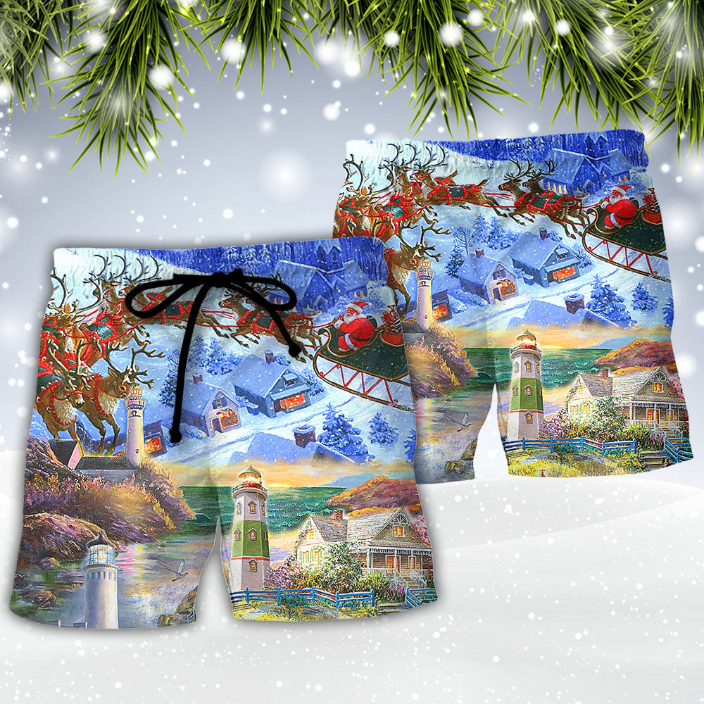 Christmas Lighthouse Santa Inspire Beach Shorts For Coastal Adventures And Relaxed Summer Wear