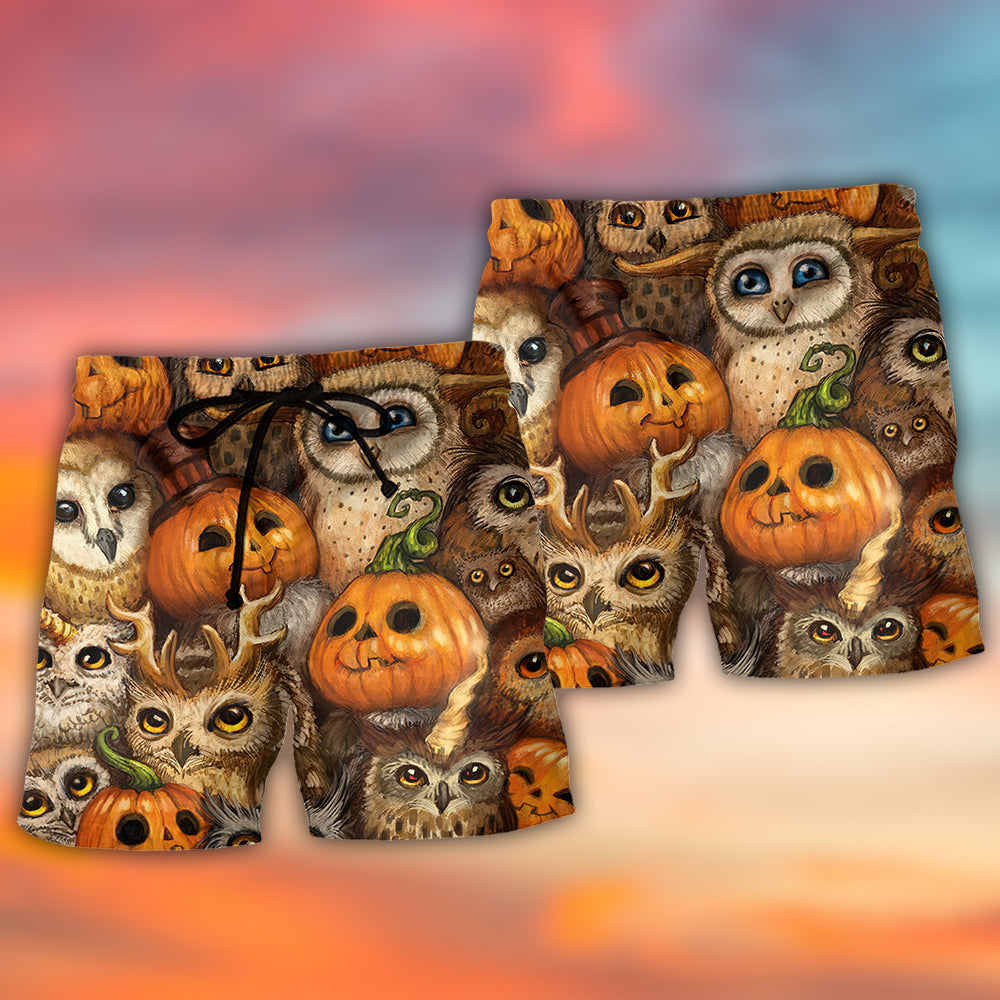 Halloween Owl Pumpkin Beach Shorts Pattern Detail For Coastal Leisure And Relaxed Casual Style