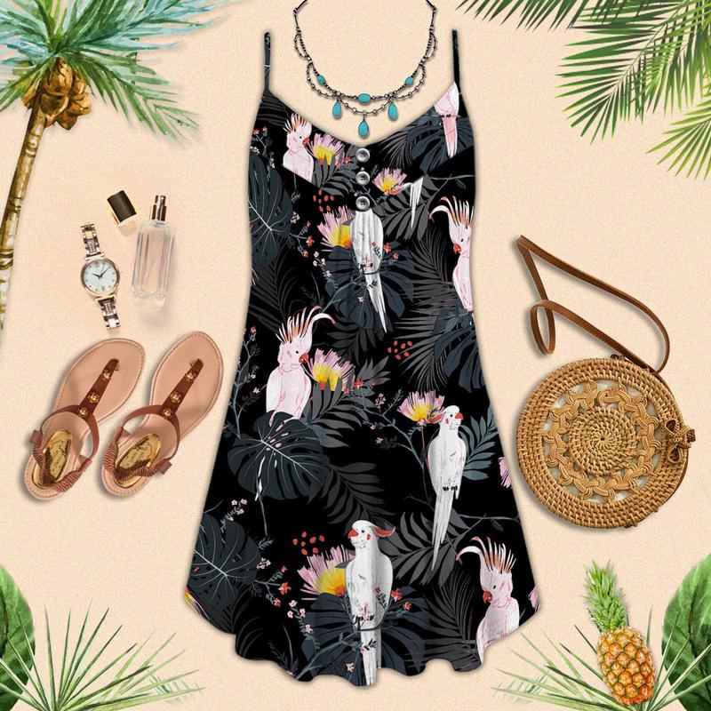 Parrot Loves Black Color Bassic V-Neck Sleeveless Cami Dress For Beach Festivals And Comfortable Summer Outfits