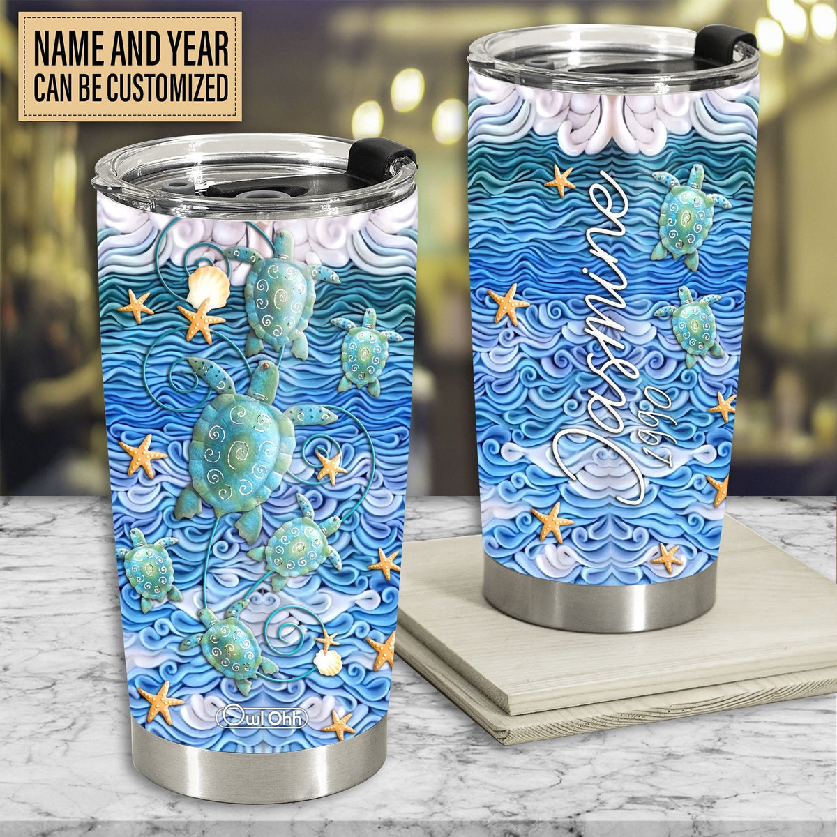 Turtle And Sand Beach Clay Art Personalized 20 Oz Tumbler For Coffee Travel And Daily Drinks