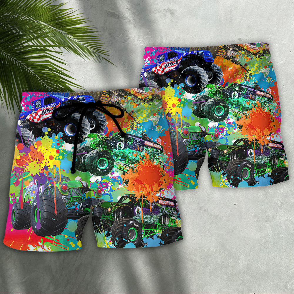 Colorful Monster Truck Beach Shorts Pattern Detail For Vacation Style And Laid Back Styling
