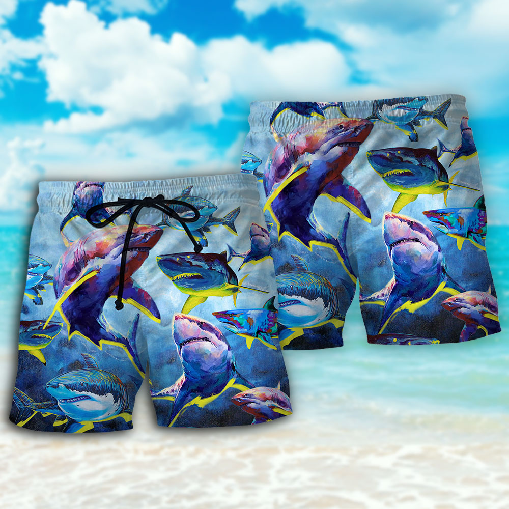 Shark Family Ocean Light Beach Shorts Pattern Detail For Holiday Travel And Easy Warm Weather Wear
