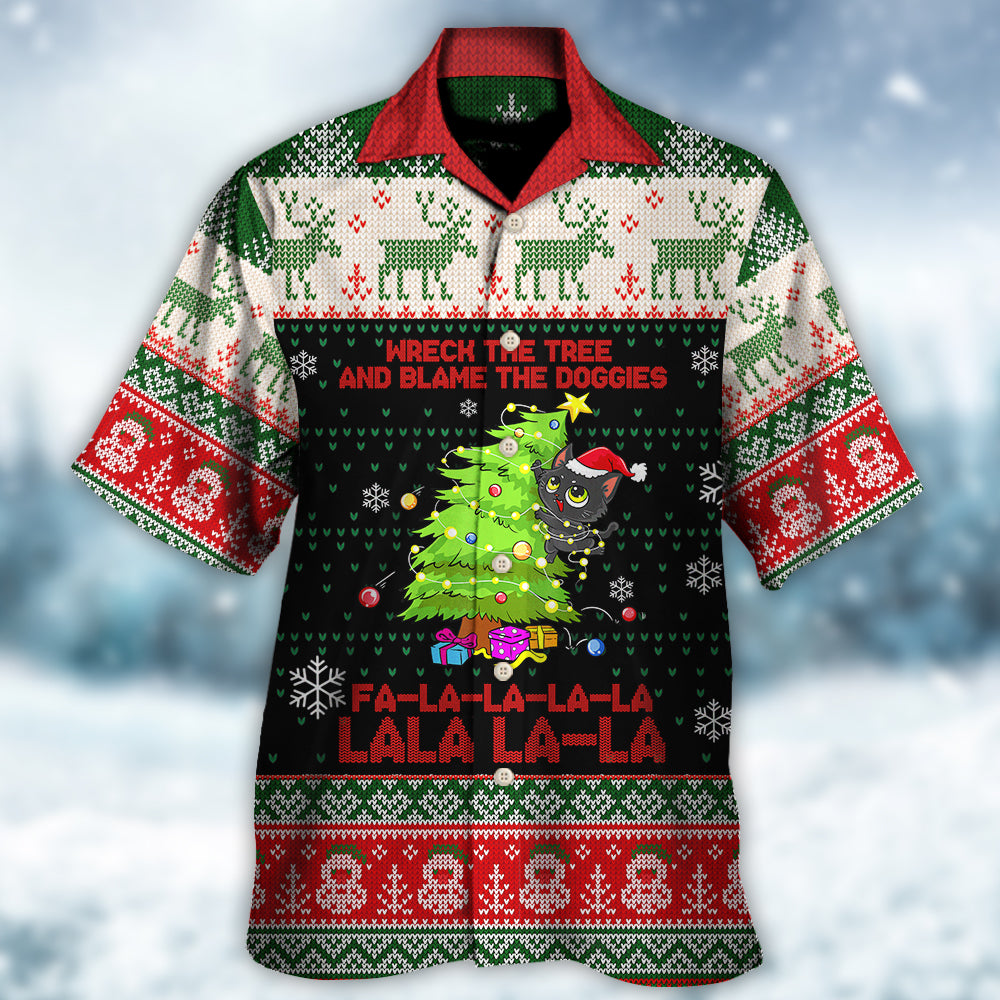 Funny Cat Wreck Tree Christmas Light Ugly Hawaiian Shirt Pattern View For Lightweight Everyday Style