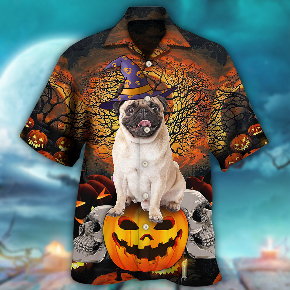 Halloween Pug Pumpkin Dog Hawaiian Shirt Front Pattern View For Weekend Trips