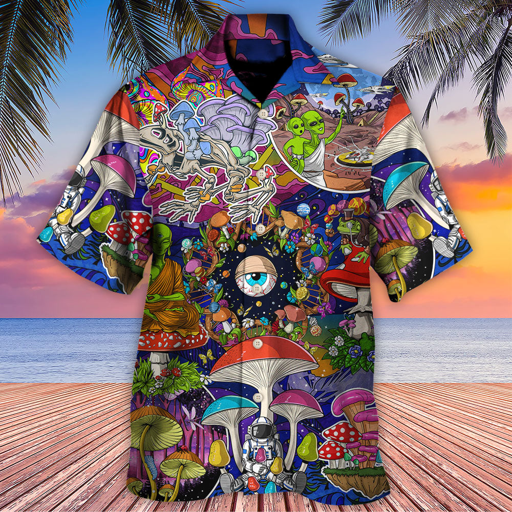 Bohemian Colorful Mushroom Aliens Stay Hawaiian Shirt Pattern Detail For Vacation Travel And Daily Wear