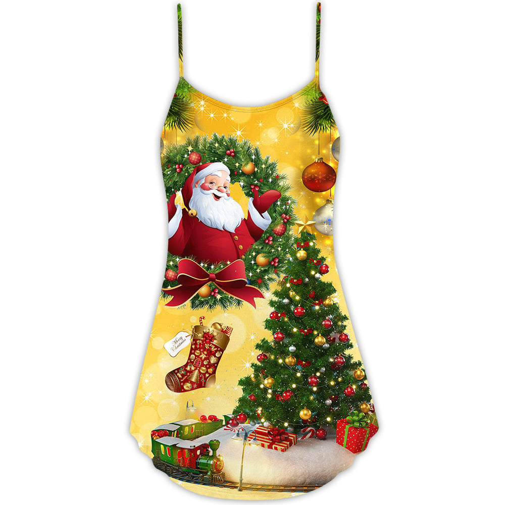Christmas Tree Yellow Santa Claus V-Neck Sleeveless Cami Dress For Summer Vacations And Casual Everyday Wear