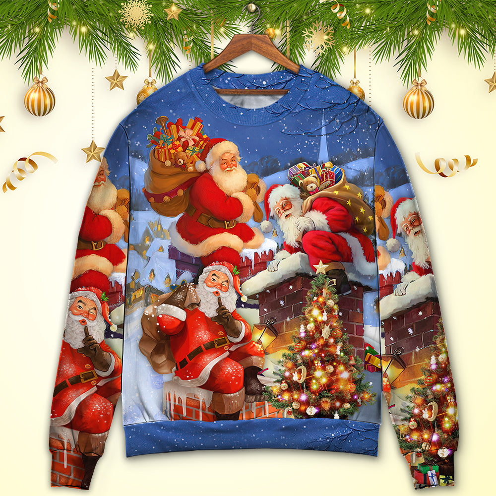 Christmas Santa Up On Rooftop Sweater For Family Gatherings Winter Travel And Everyday Seasonal Comfort