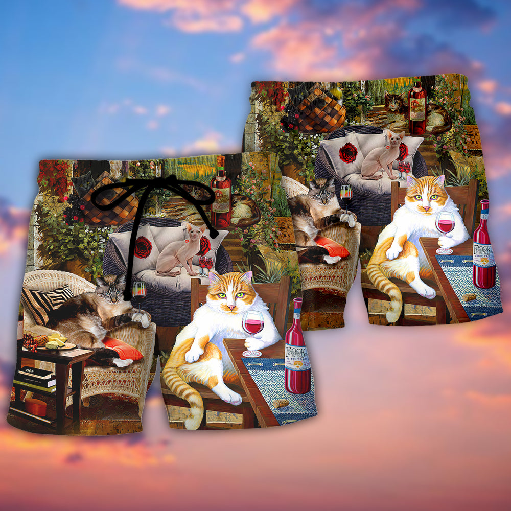 Cat Drinking Wine And Judging Beach Shorts Pattern View For Relaxed Vacation Styling