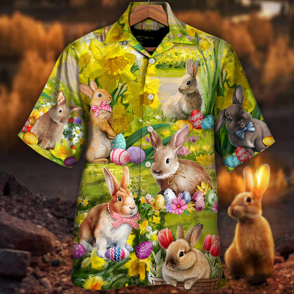 Floral Easter Rabbit Relaxed Landscape Hawaiian Shirt Fabric Pattern Detail For Vacation Style