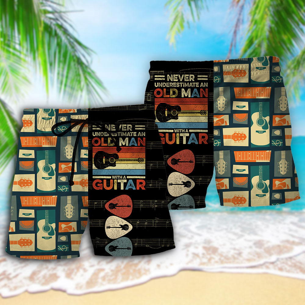 Guitar Never Underestimate Old Man Beach Shorts Design Detail For Casual Warm Weather Outfits
