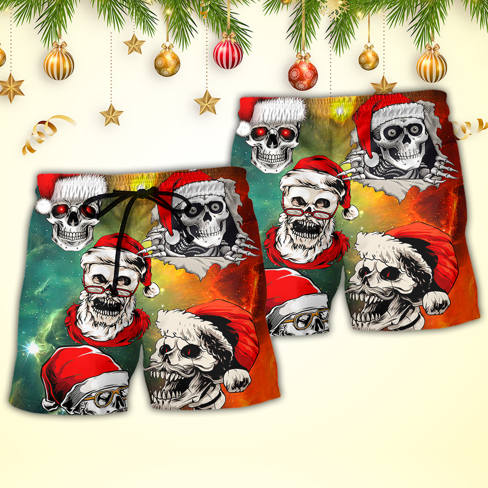 Christmas Bad Santa Skull Galaxy Art Beach Shorts For Holiday Beach Days