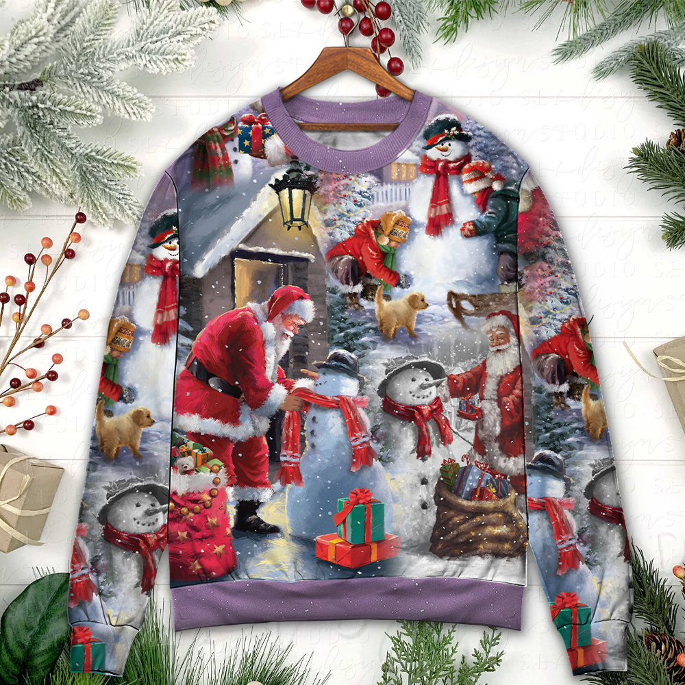 Christmas Santa Building Snowman Gift Sweater For Holiday Parties Family Gatherings And Seasonal Gift Giving