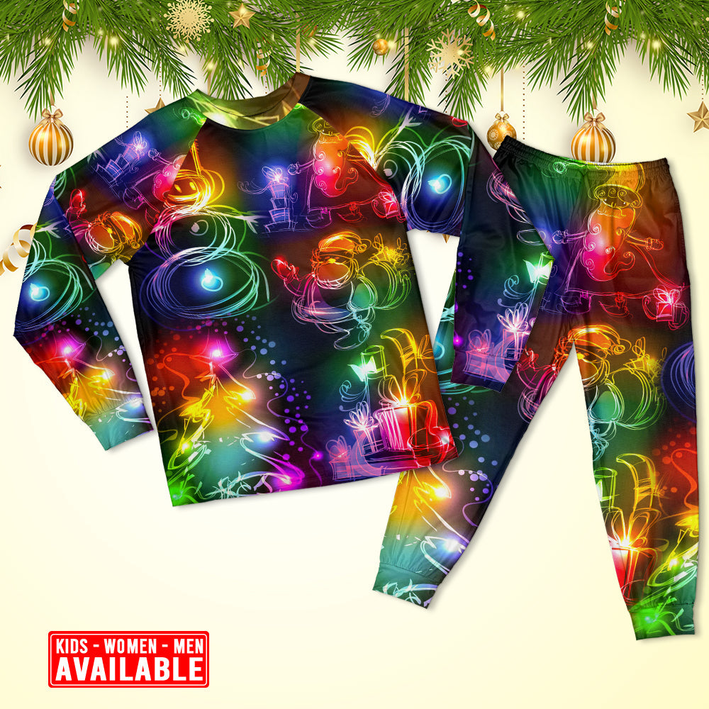 Santa Snowman Christmas Tree Lights Long Sleeve Pajamas Set For Christmas Mornings And Relaxed Lounging